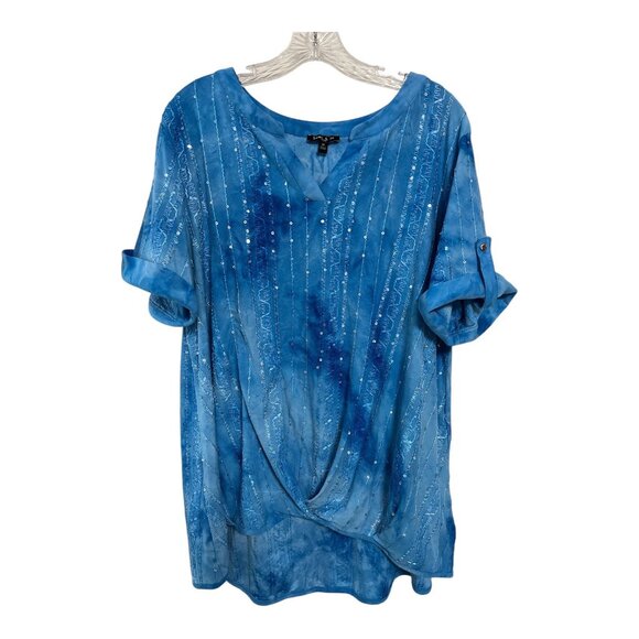Sami & Jo Plus Women’s 2X Blue Sequin Embellished Tunic Top Roll Tab Sleeves - Picture 1 of 5